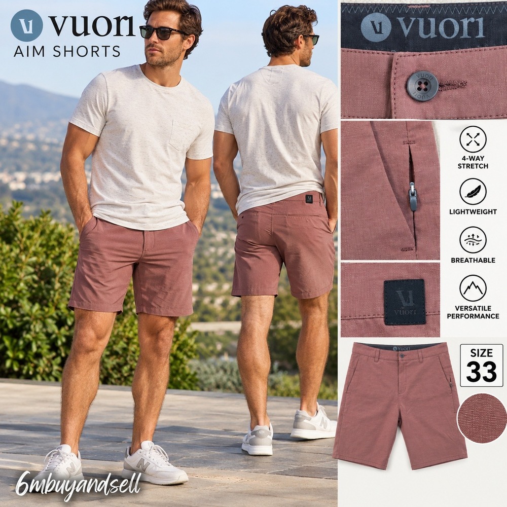 Vuori Aim Shorts Mens 33 Mahogany Red Performance Stretch Chino V368